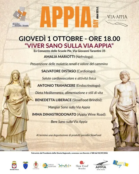 Locandina: AppiaDay2026 Brindisi: convegni "Viver Sano sulla Via Appia" e "Quante storie...lungo la Via Appia"