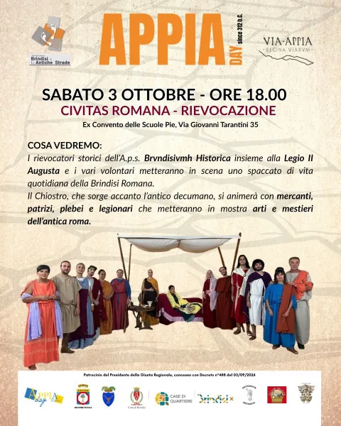 Locandina: Brindisi, in occasione delle giornate Day 2026 si celebra la Regina Viarium con Civitas Romana