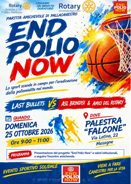 Locandina: Basket e solidarietà a Mesagne: il 25 ottobre in campo per dire End Polio Now