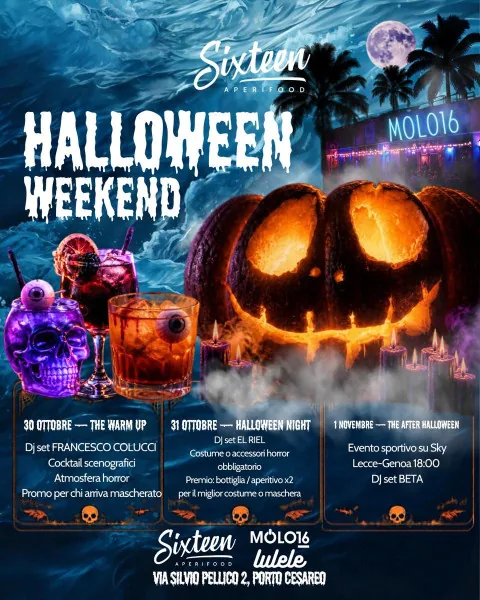 Locandina: Halloween Weekend da Sixteen Aperifood: Tre Giorni di Musica e Atmosfere Horror