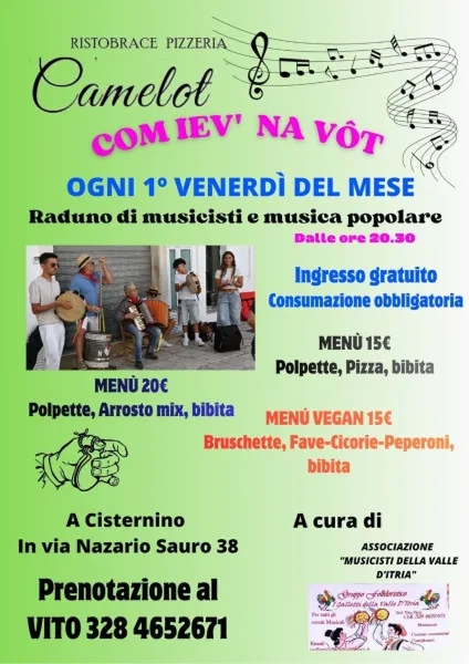 Locandina: Pizzica e musica popolare al raduno di musicisti da "Camelot" di Vito Zizzi